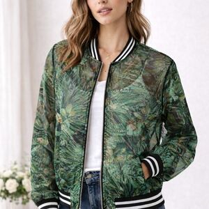 Juicey Couture Green Tropical Print Sheer Bomber Jacket